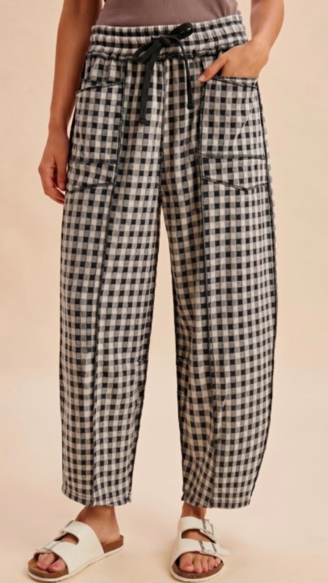 Soft Brushed Check Barrel Fit Utility Knit Pants
