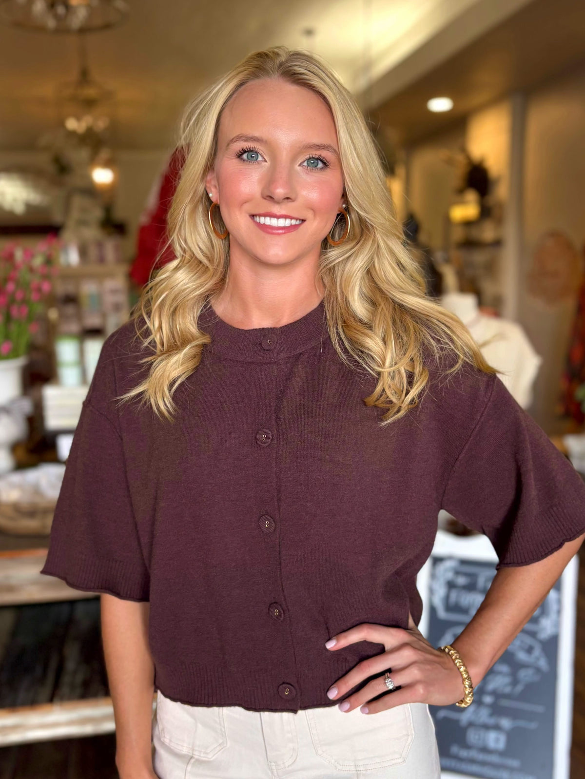 Brown Short Sleeve Sweater Cardigan