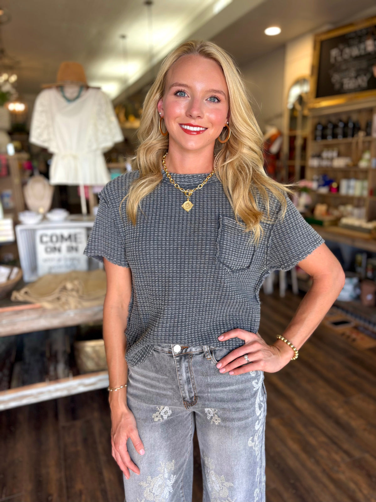 Washed Waffle Knit Pocket Top