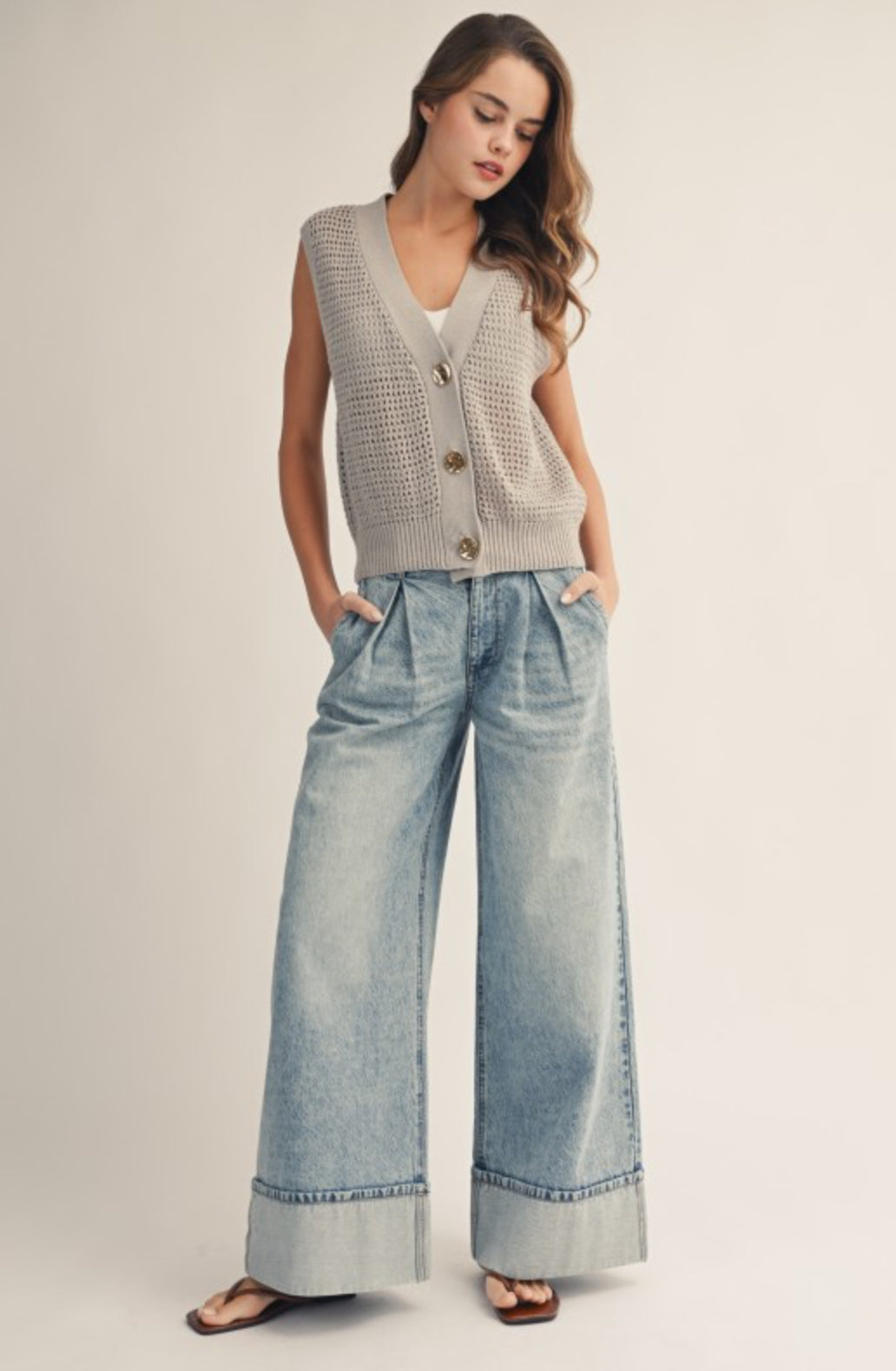Washed Cuffed Hem Wide Leg Denim Pants