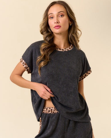 Ribbed Top with Leopard Detail