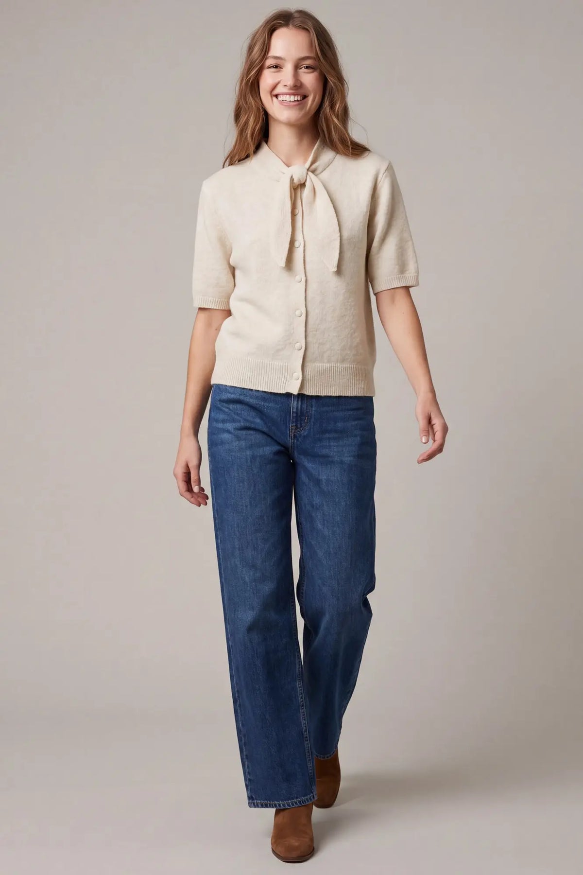 Tie Neck Button Down Sweater