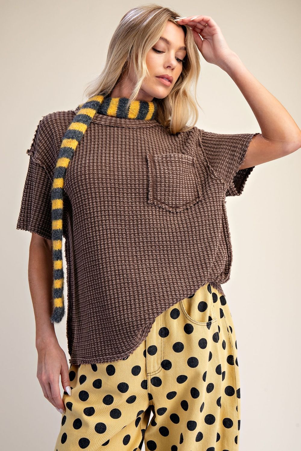 Washed Waffle Knit Pocket Top