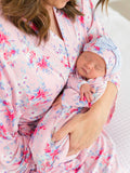 SoftSnooze™ Baby Girls Bamboo Viscose Pretty in Pink Floral Ruffle Knotted Sleep Gown & Bow Hat Set