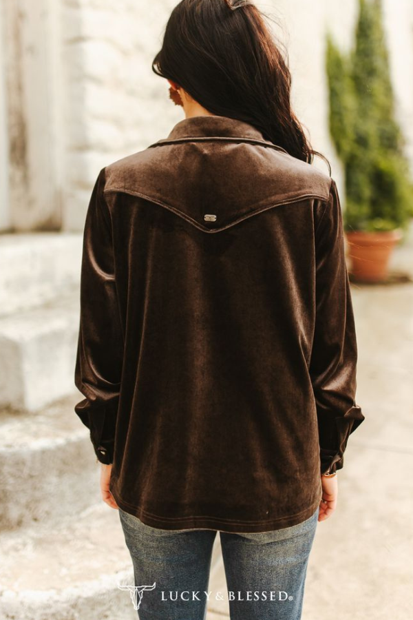 Dark Brown Velvet Western Yoke Pipping Bias Shirt
