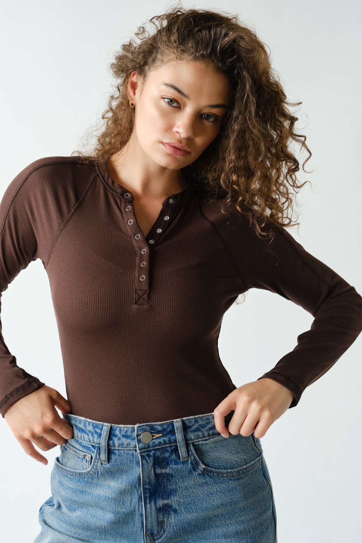Mono B Long-Sleeved Micro-Ribbed Henley Top