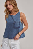 Washed Denim Tank with Scallop Detail