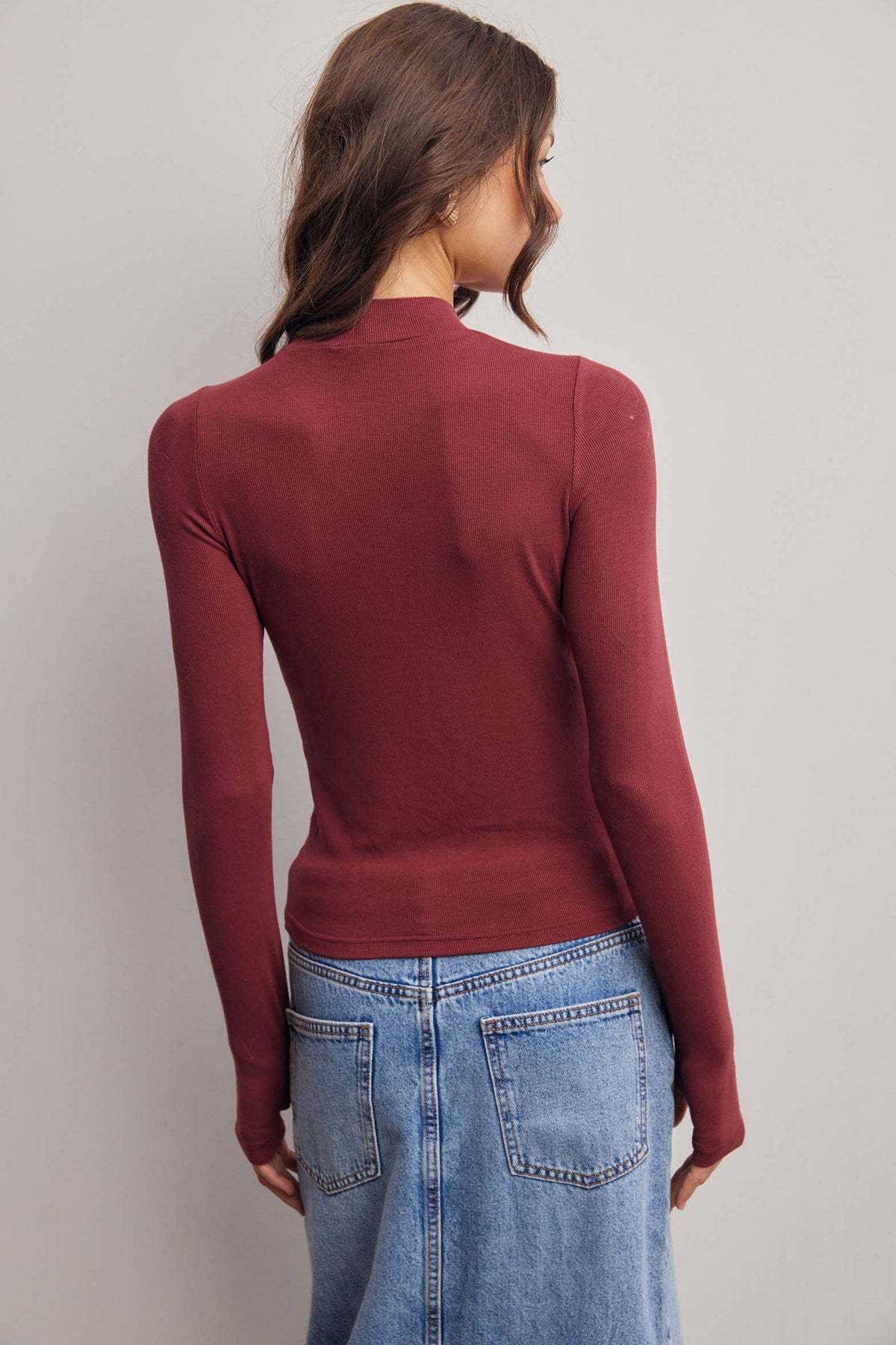 Stretch Ribbed Mock Neck Top