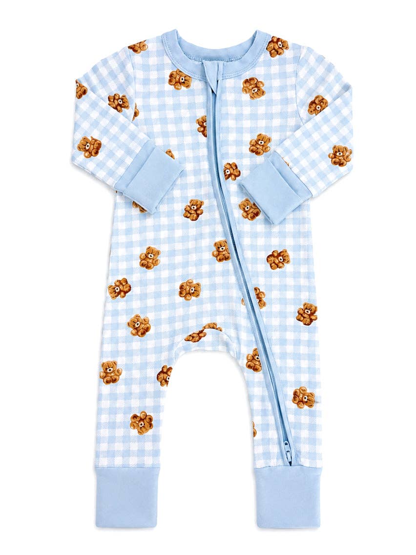 2-Way Zip Romper, Blue Teddy Picnic