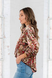 Relaxed Fit Floral Print Button Down Velvet Blouse