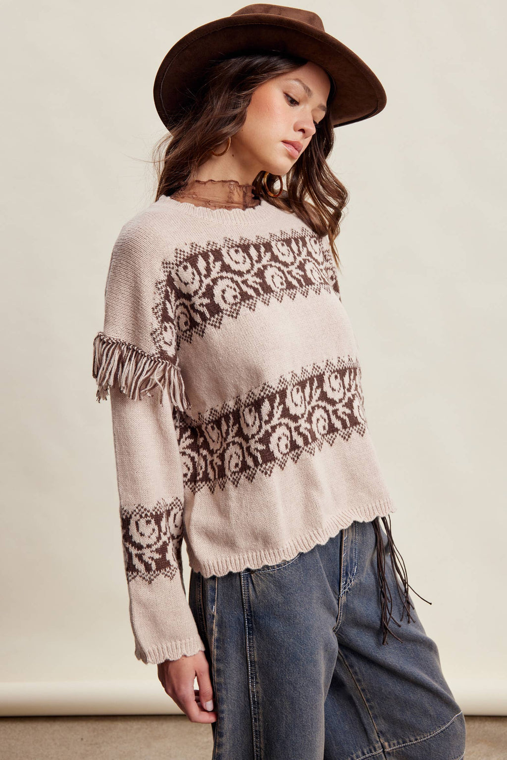 Western Fringe Pattern Knit Sweater