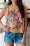 Western Floral Print Sleeveless Round Neck Top