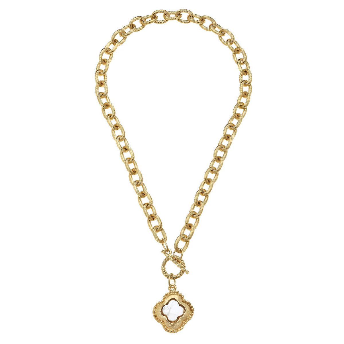Handcast Gold Clover with Genuine Mother of Pearl Necklace