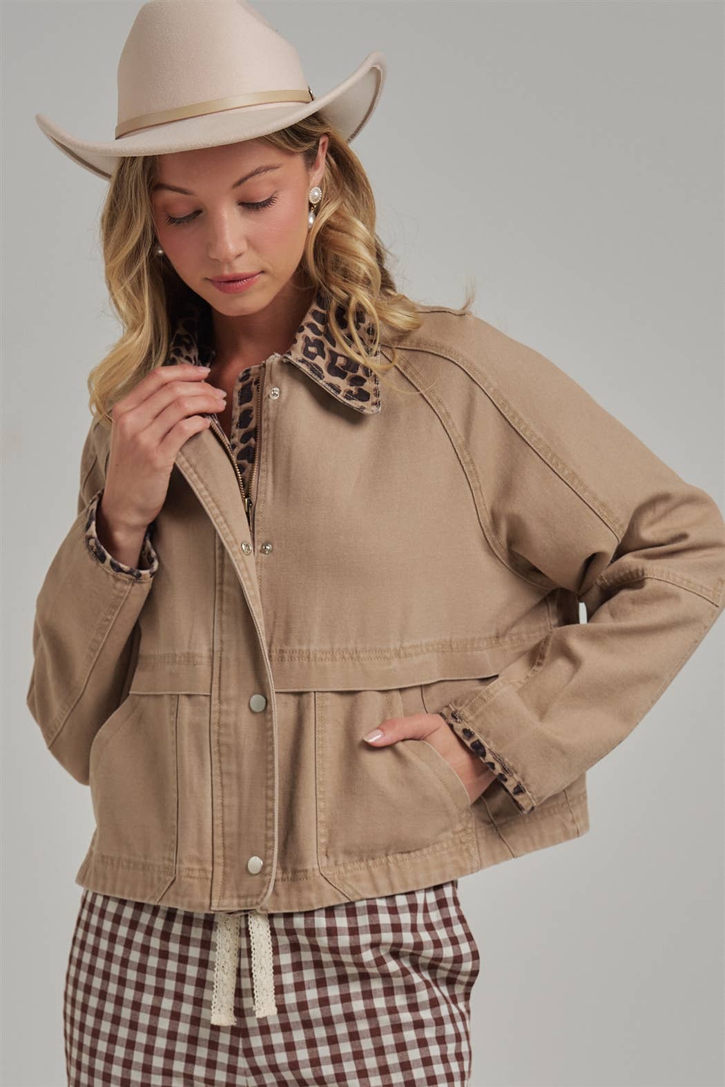 Twill Barn Coat with Leopard Detail