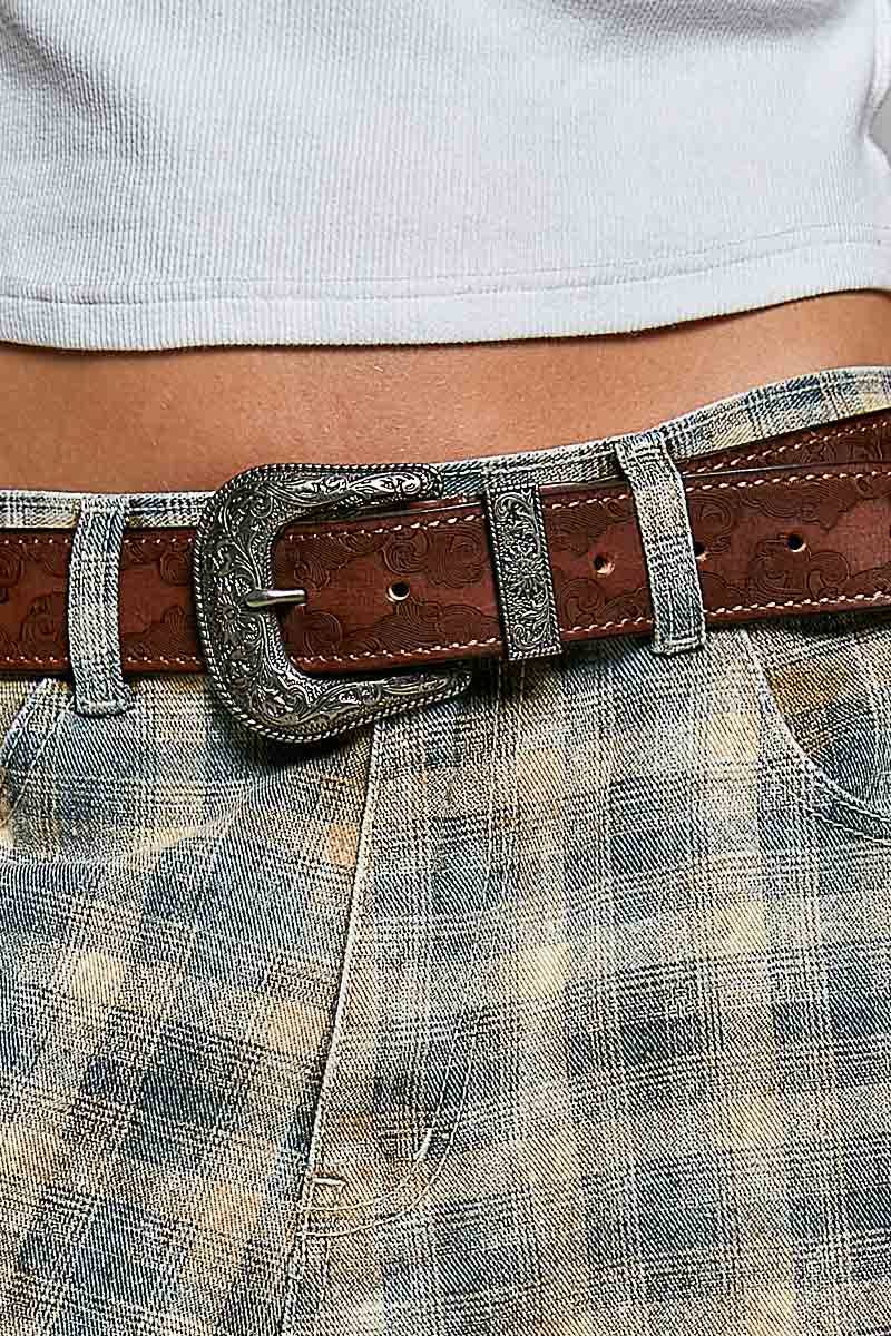 Western-Inspired Floral Embossed Genuine Leather Belt