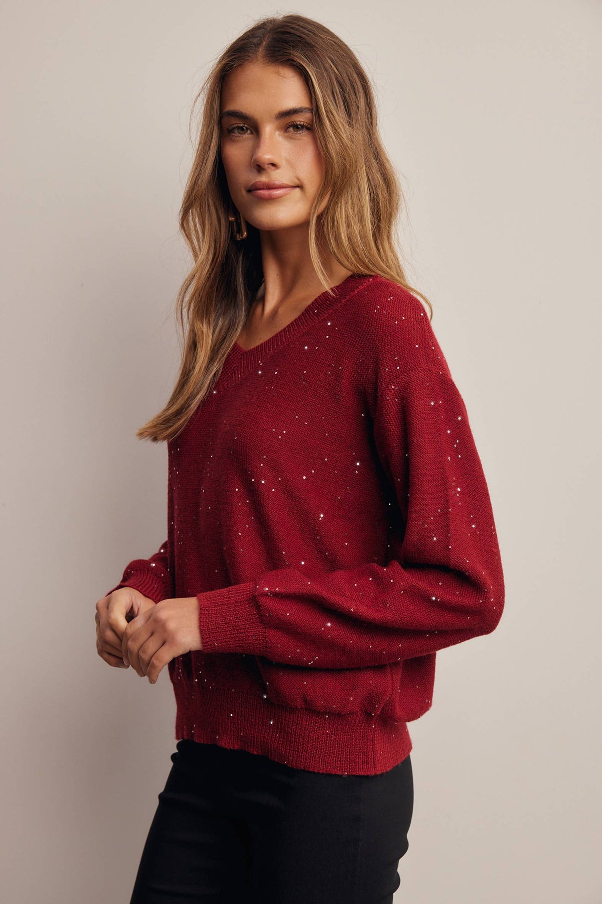 Sequin Embellished V-Neck Knit Sweater
