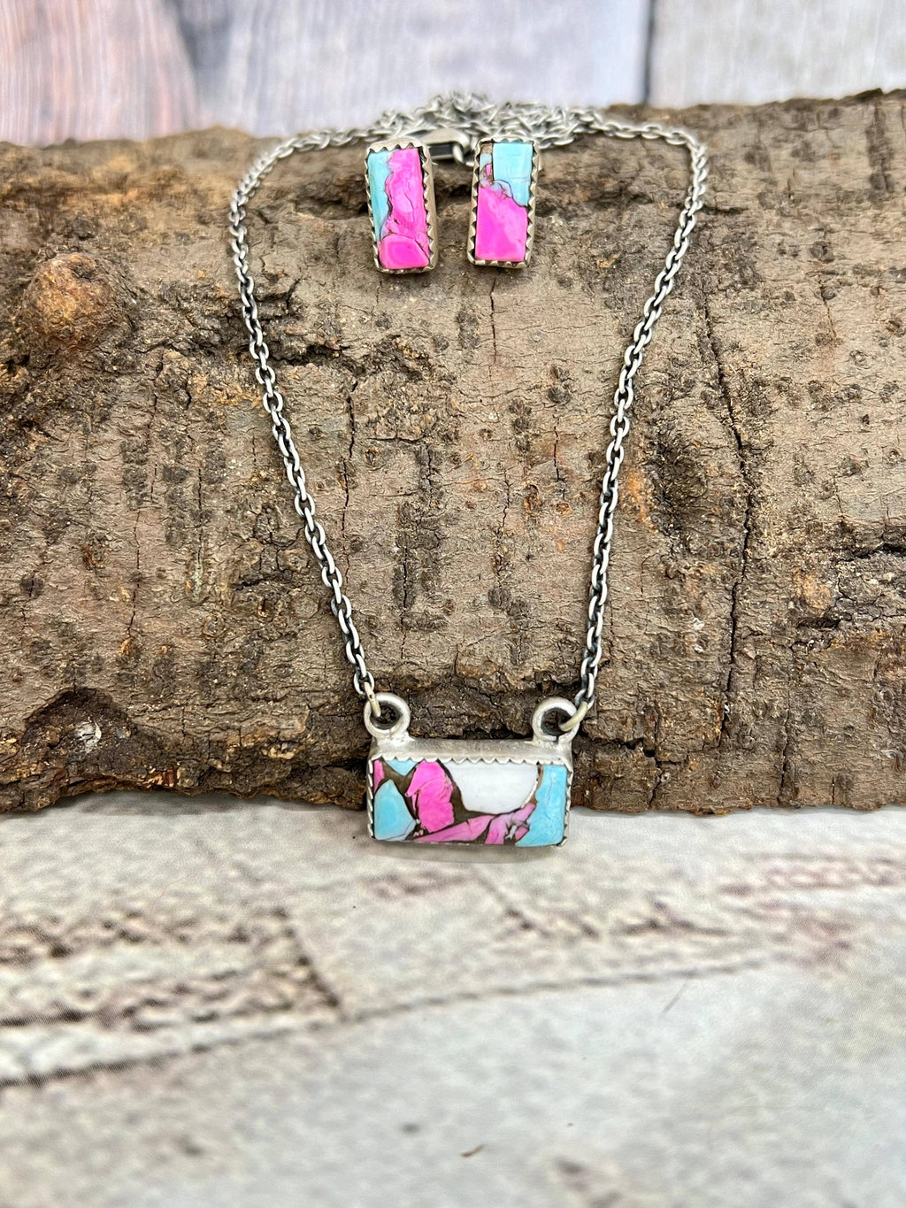 Handmade Sterling Silver Cotton Candy Turquoise Necklace Earrings Set with Signed Nizhoni