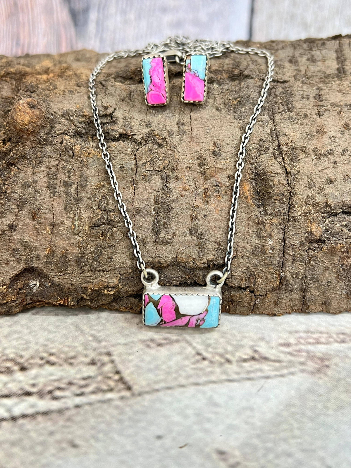 Handmade Sterling Silver Cotton Candy Turquoise Necklace Earrings Set with Signed Nizhoni