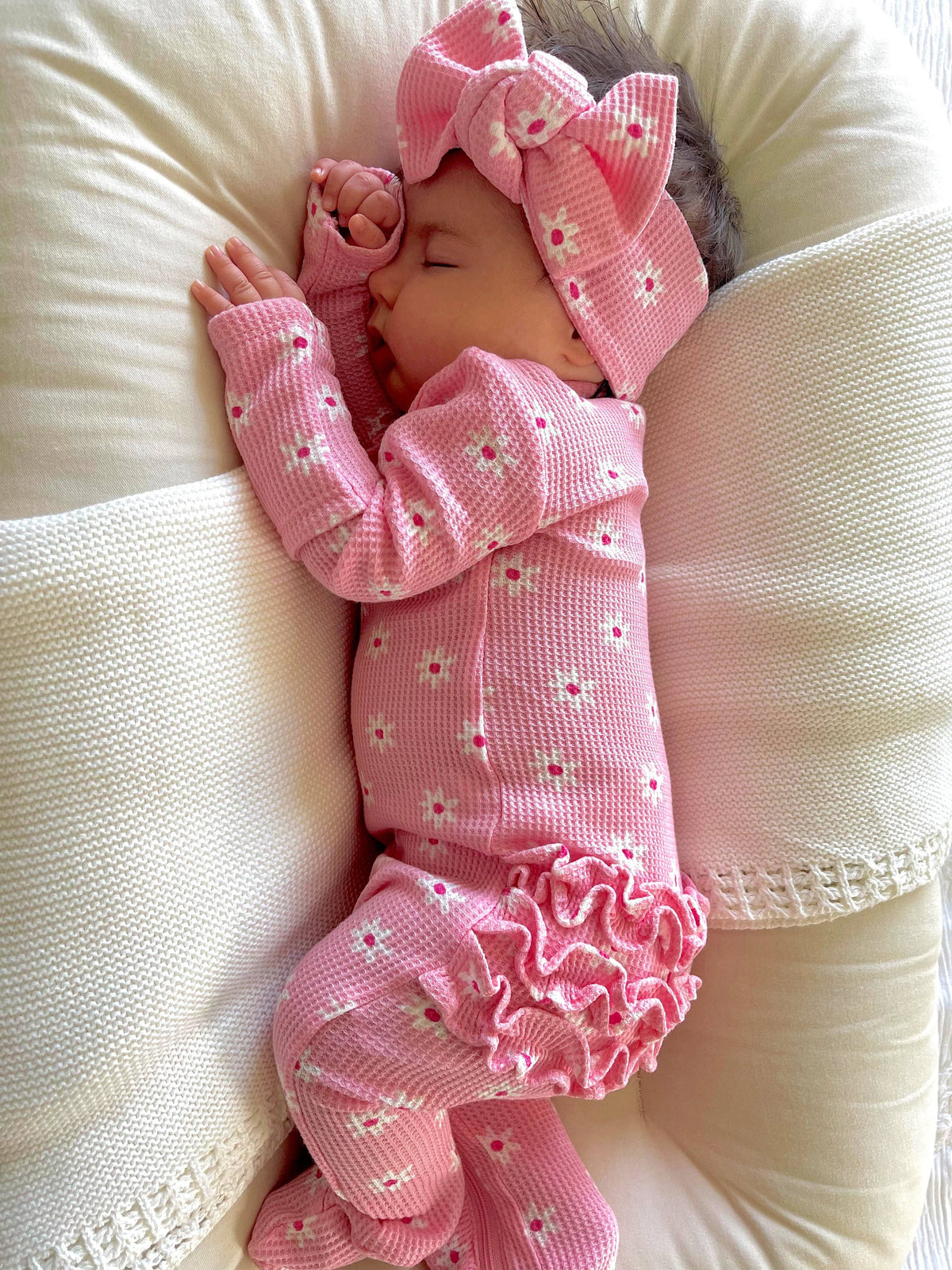 Organic Waffle 2-Way Zip Ruffle Footie, Pink Flower