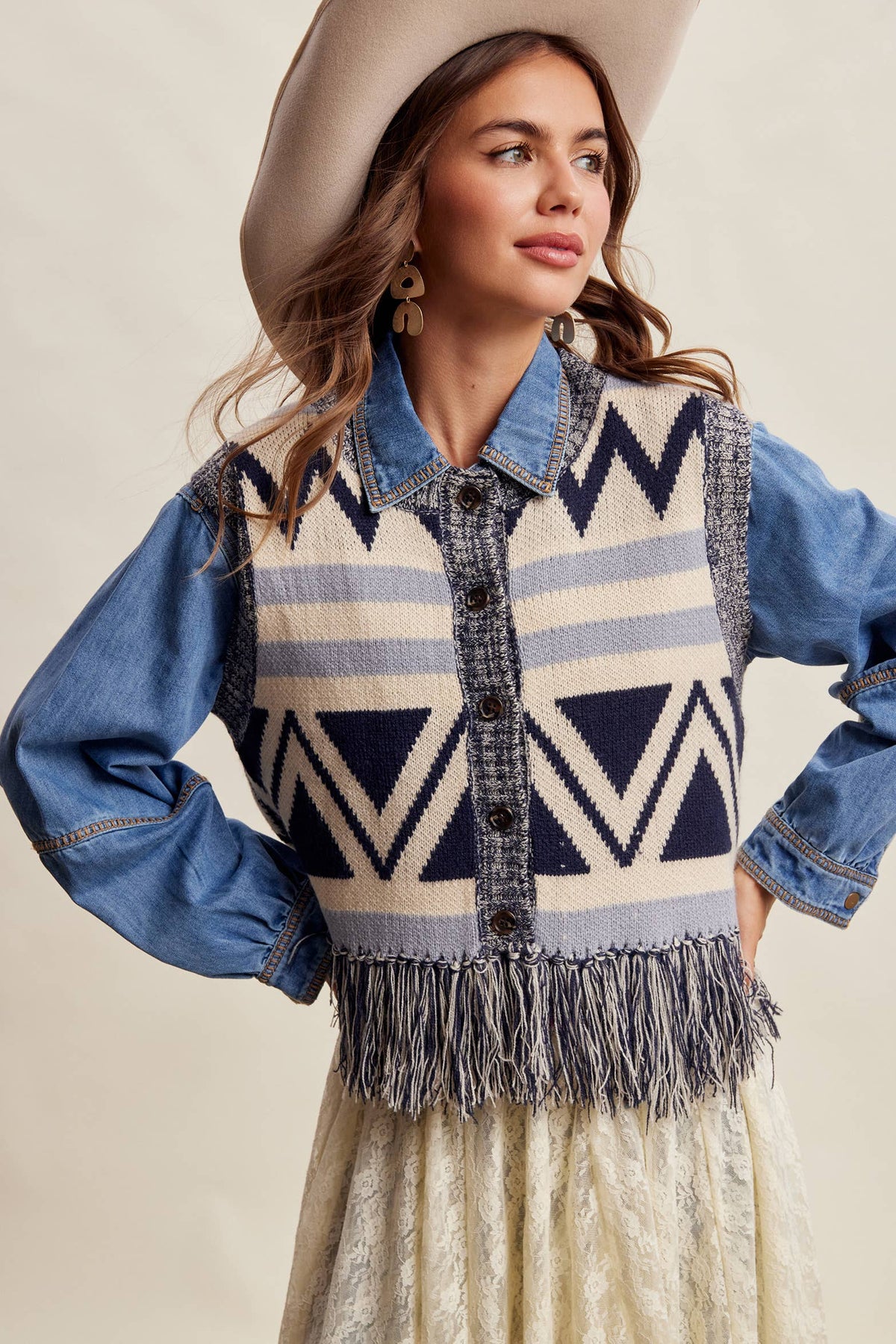 Western Fringe Knit Sweater Vest