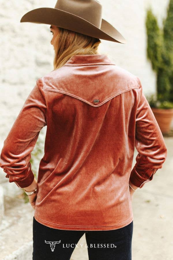 Rose Velvet Western Yoke Pipping Bias Button Down Shirt