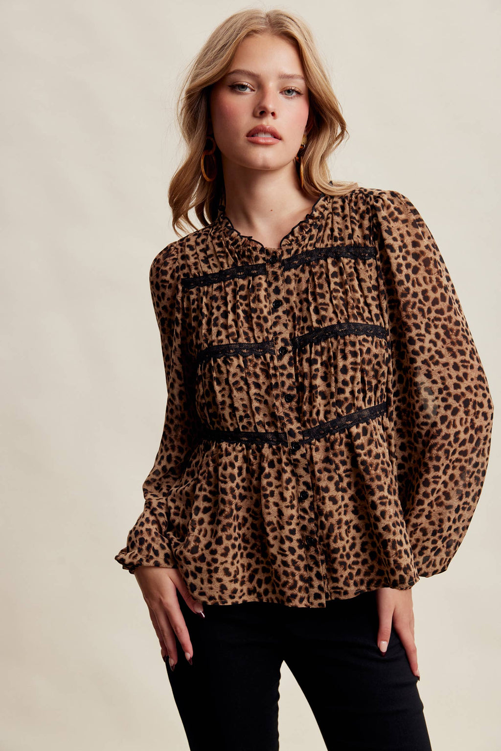 Leopard Print Lace Trim Blouse