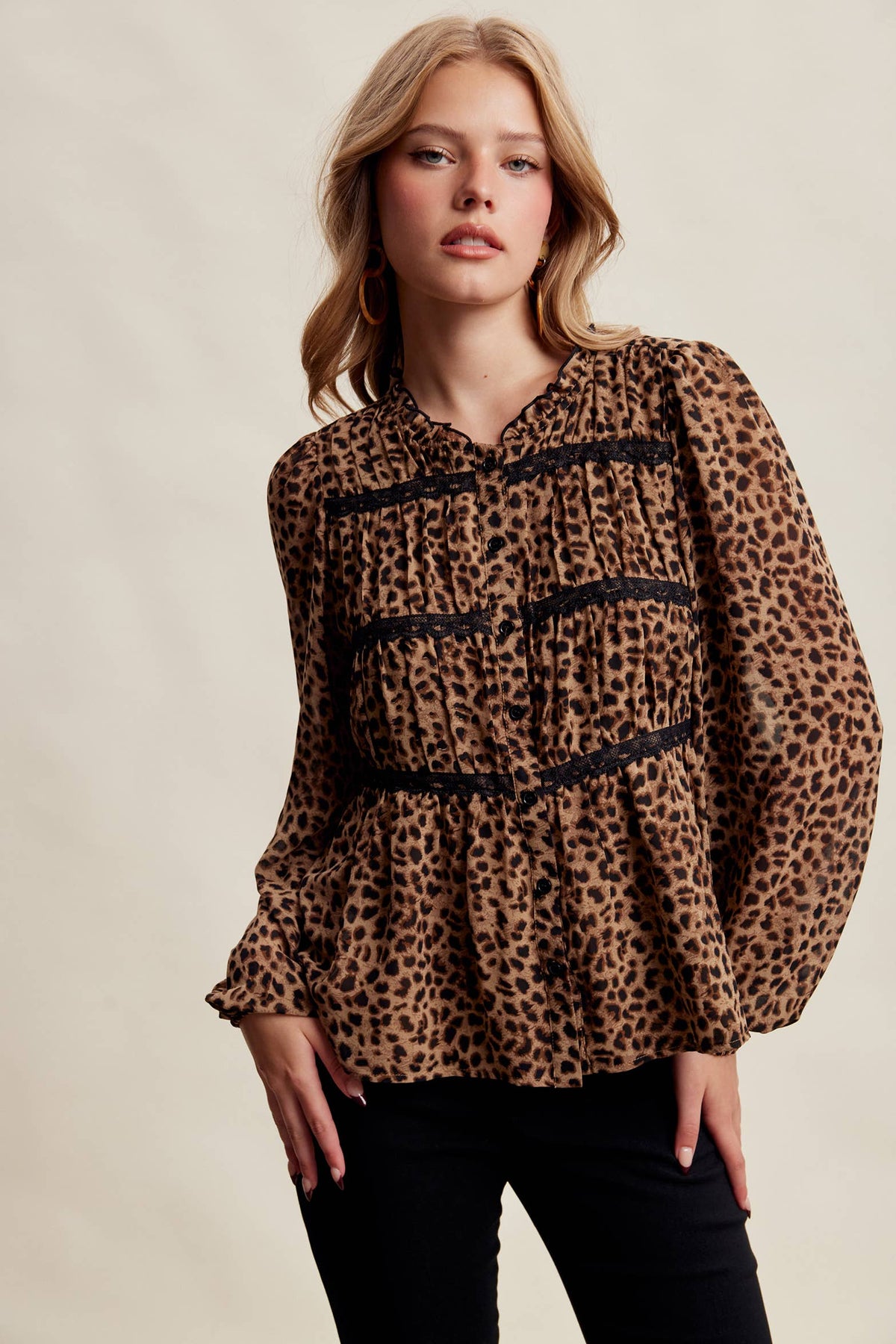 Leopard Print Lace Trim Blouse