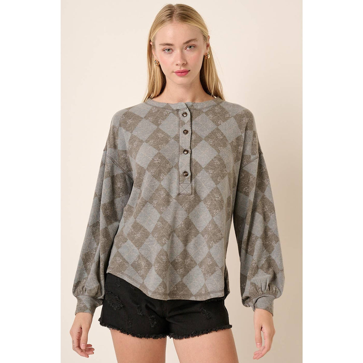 Argyle Pattern Henley Long Sleeve Top