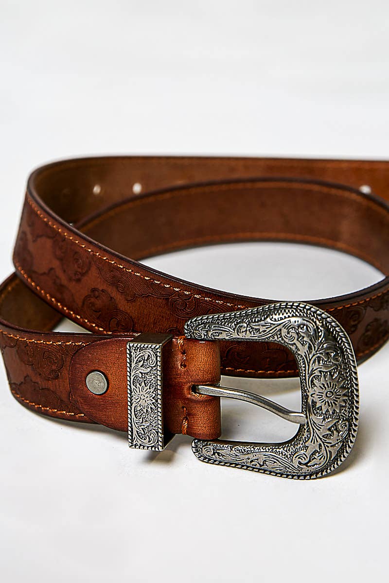 Western-Inspired Floral Embossed Genuine Leather Belt