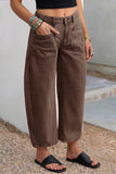 Solid Color Square Patch Pocket Ankle-length Barrel Jeans