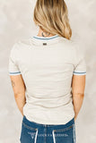Beige Running Horse Printed Contrast Hem Top