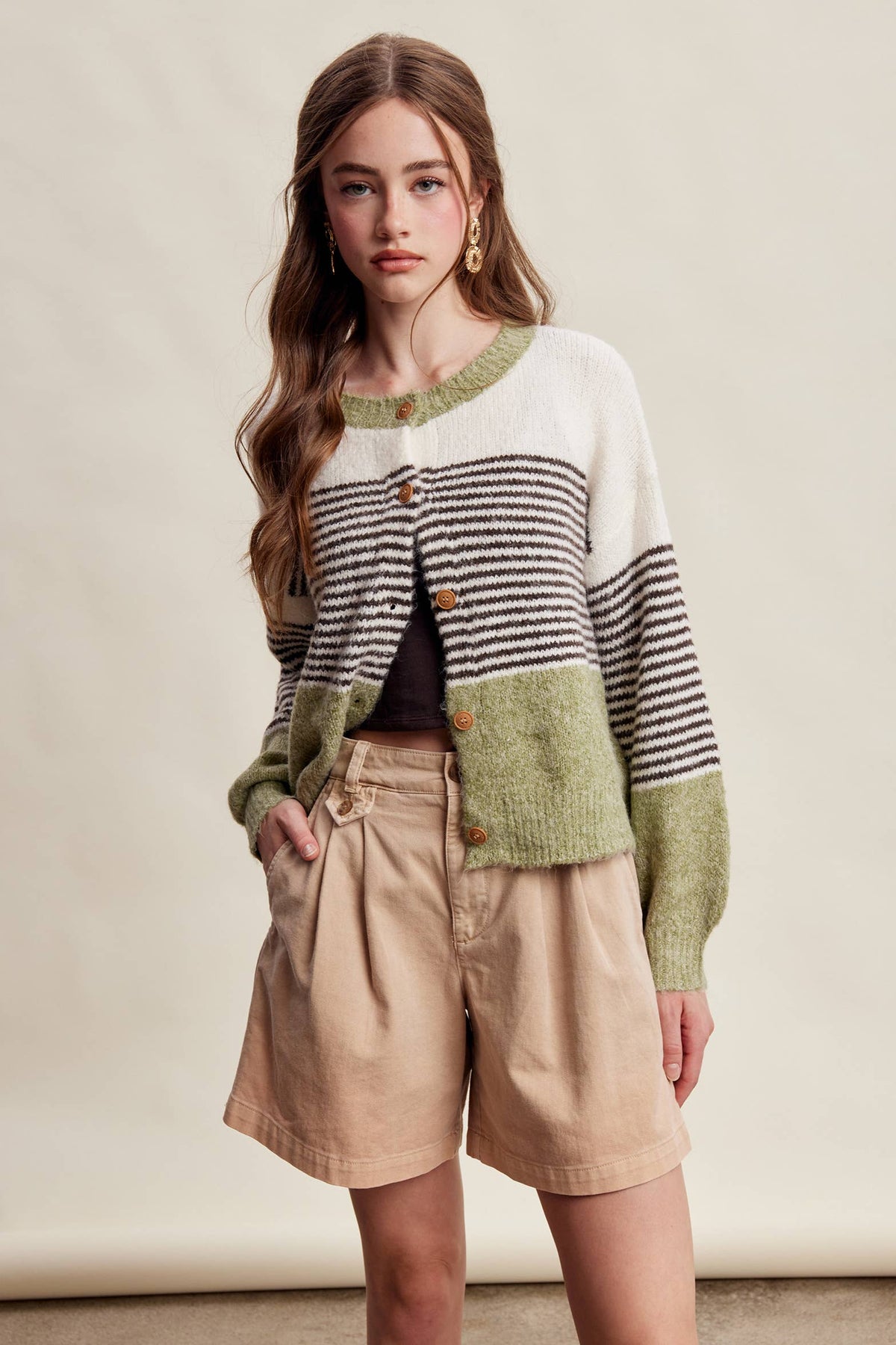 Striped Color Block Button Front Cardigan