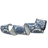 Blue Chinoiserie on White Faux Dupioni Ribbon 4" x 10yd