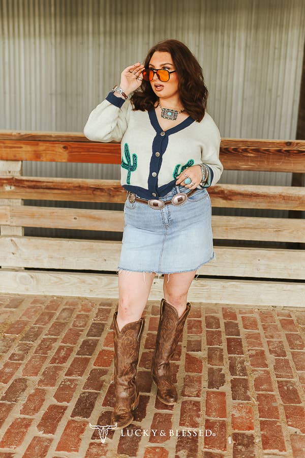 White Knit Cactus Contrast Button Down Sweater Cardigan