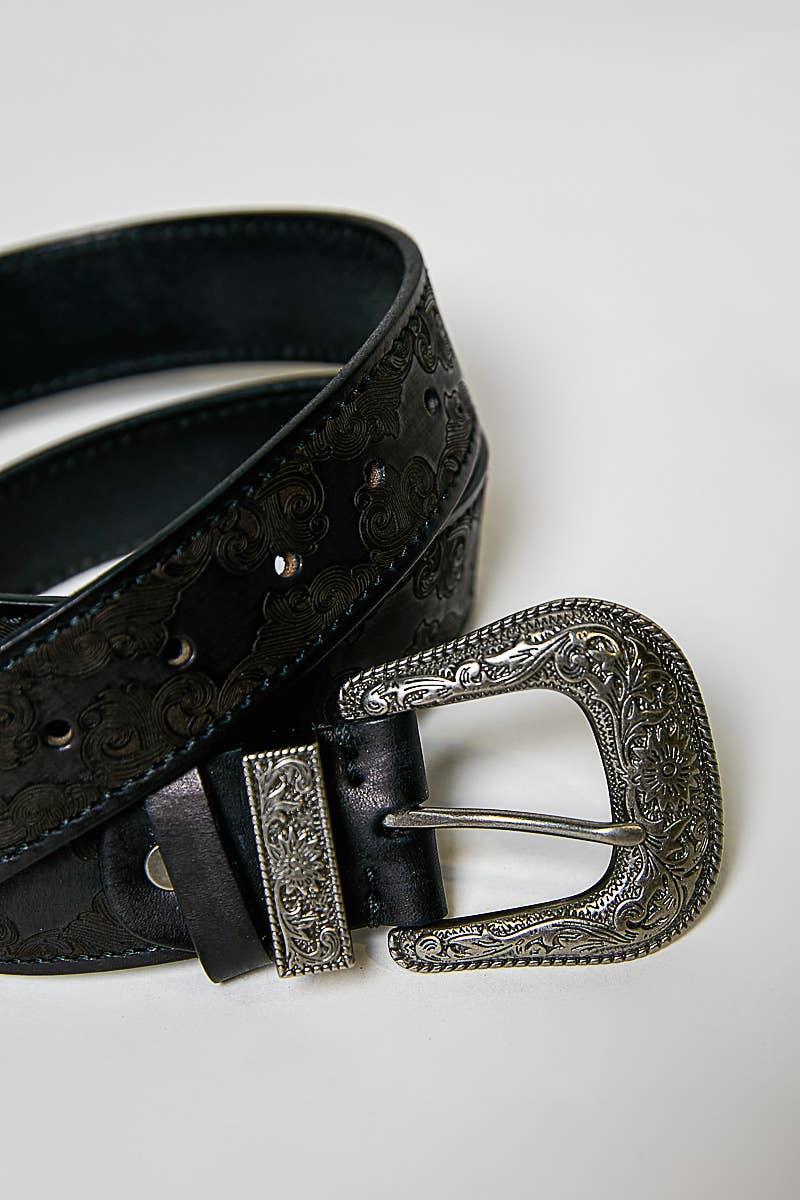Western-Inspired Floral Embossed Genuine Leather Belt