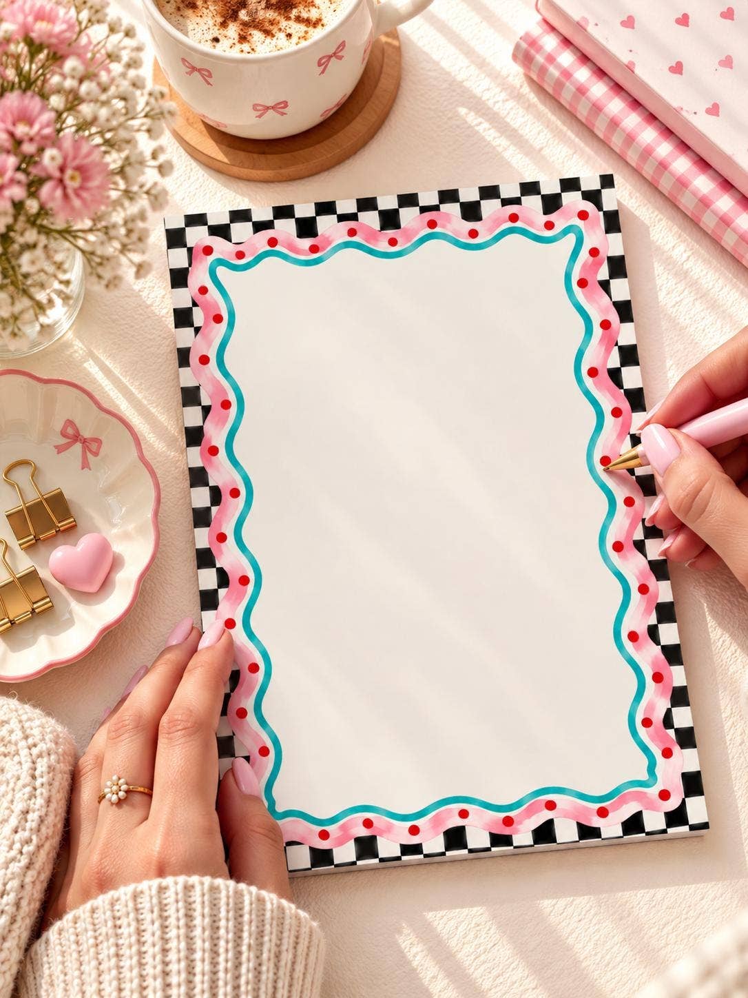 Retro Checkered, Pink Wavy Border & Cute Colorful