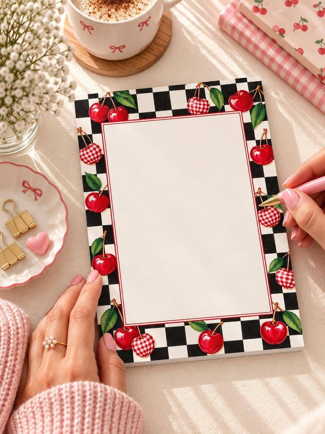 Cherry Checkered Memo Pad | Cute Fruit Stationery