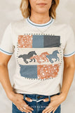 Beige Running Horse Printed Contrast Hem Top