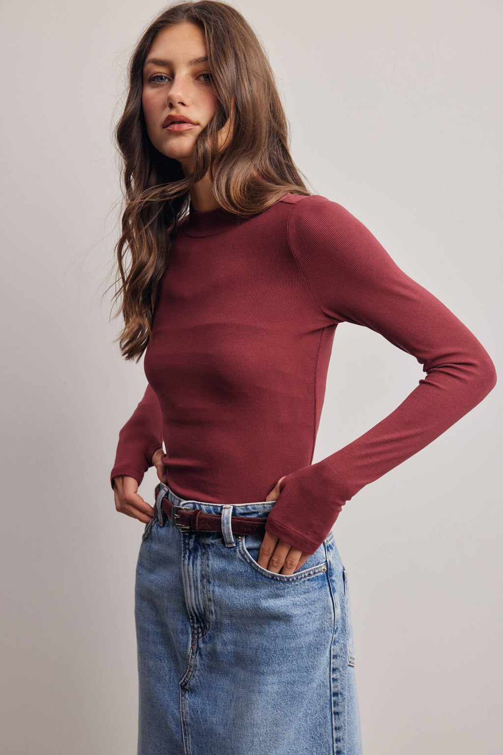 Stretch Ribbed Mock Neck Top