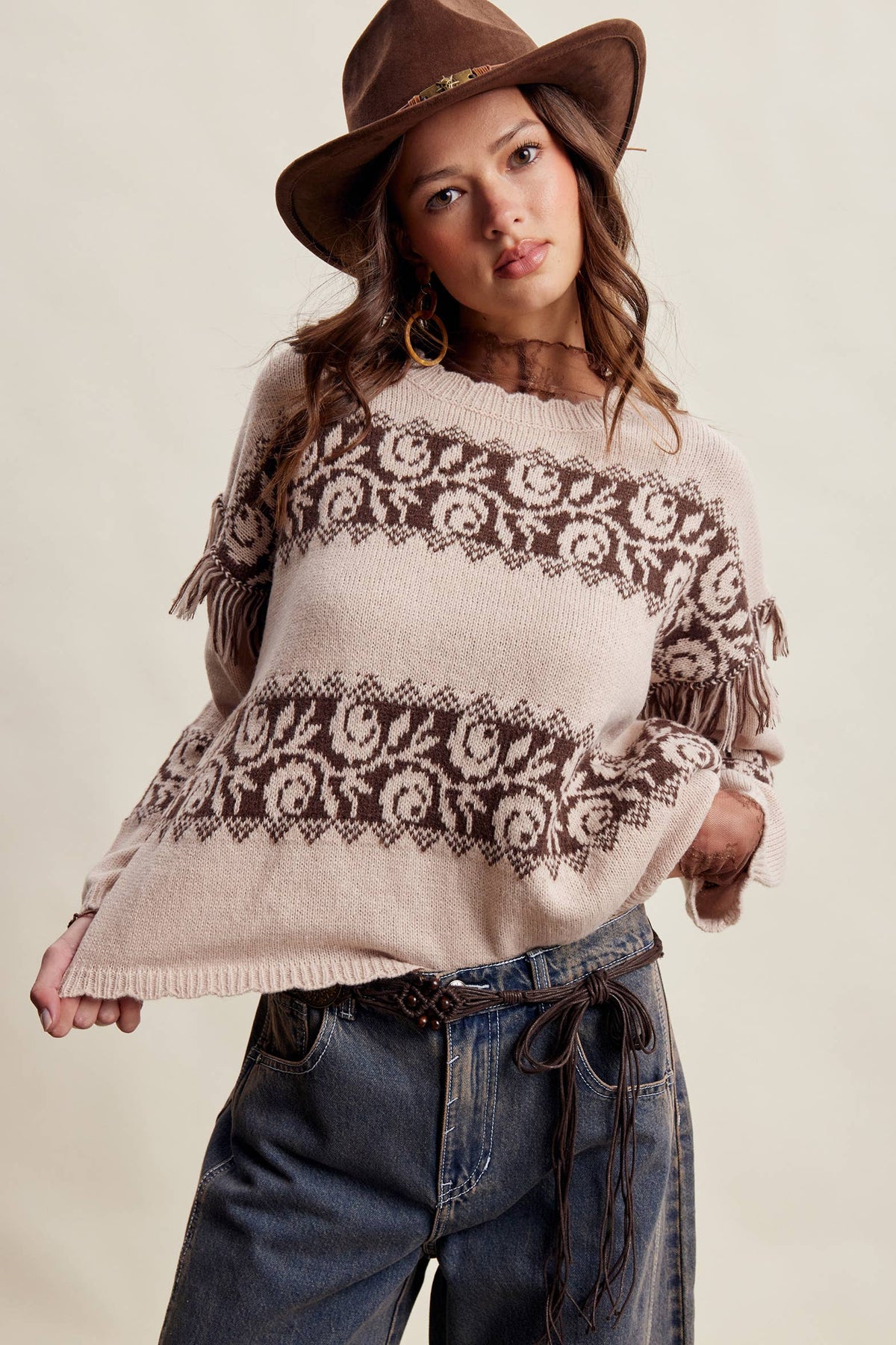 Western Fringe Pattern Knit Sweater