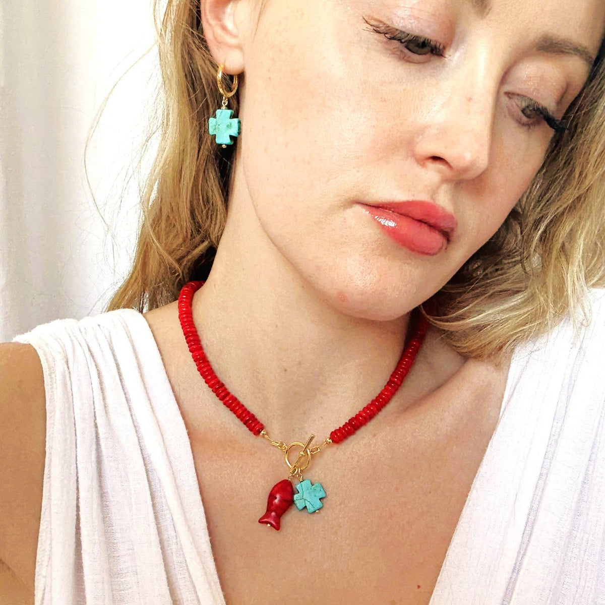 Turquoise Cross Huggie Hoop