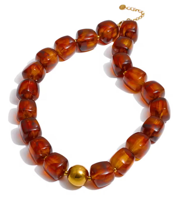 Oakley Brown Chunky Beaded Statement Necklace | Stainless Steel