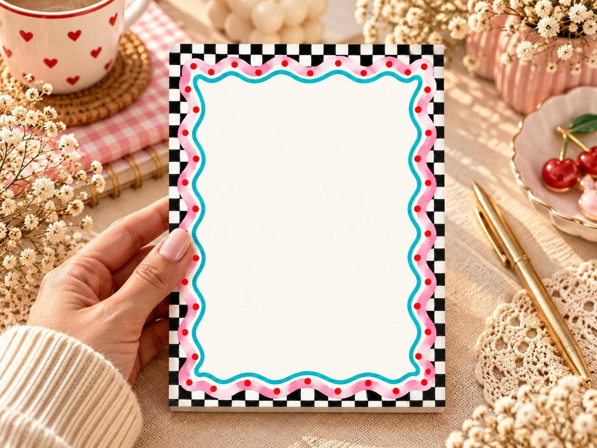Retro Checkered, Pink Wavy Border & Cute Colorful