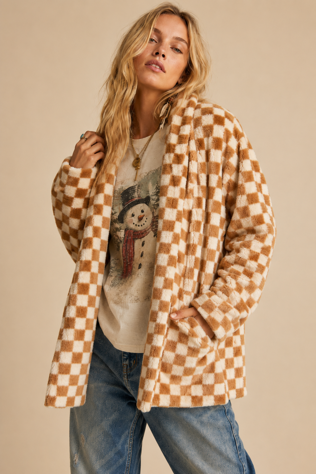 Checkmate Faux Fur Cardigan Jacket