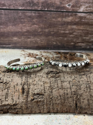 Handmade Sterling Silver White Buffalo, Kingman Turquoise Bracelet with Signed Nizhoni