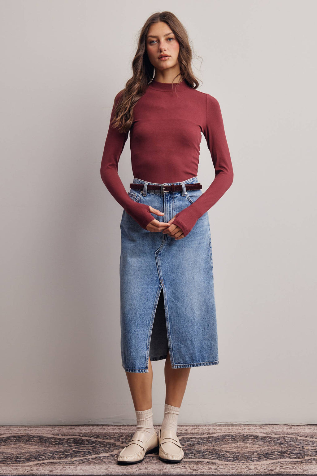 Stretch Ribbed Mock Neck Top