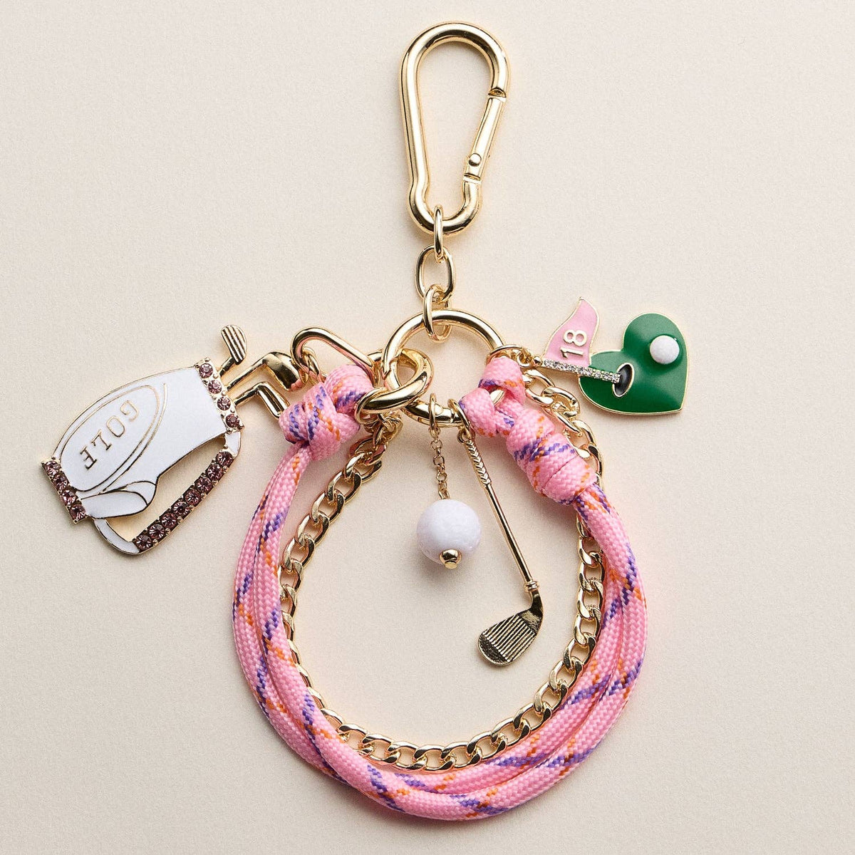 Pink Golf Charm Keychain Bracelet | Beaded Wristlet with Golf Bag & Flag Charms