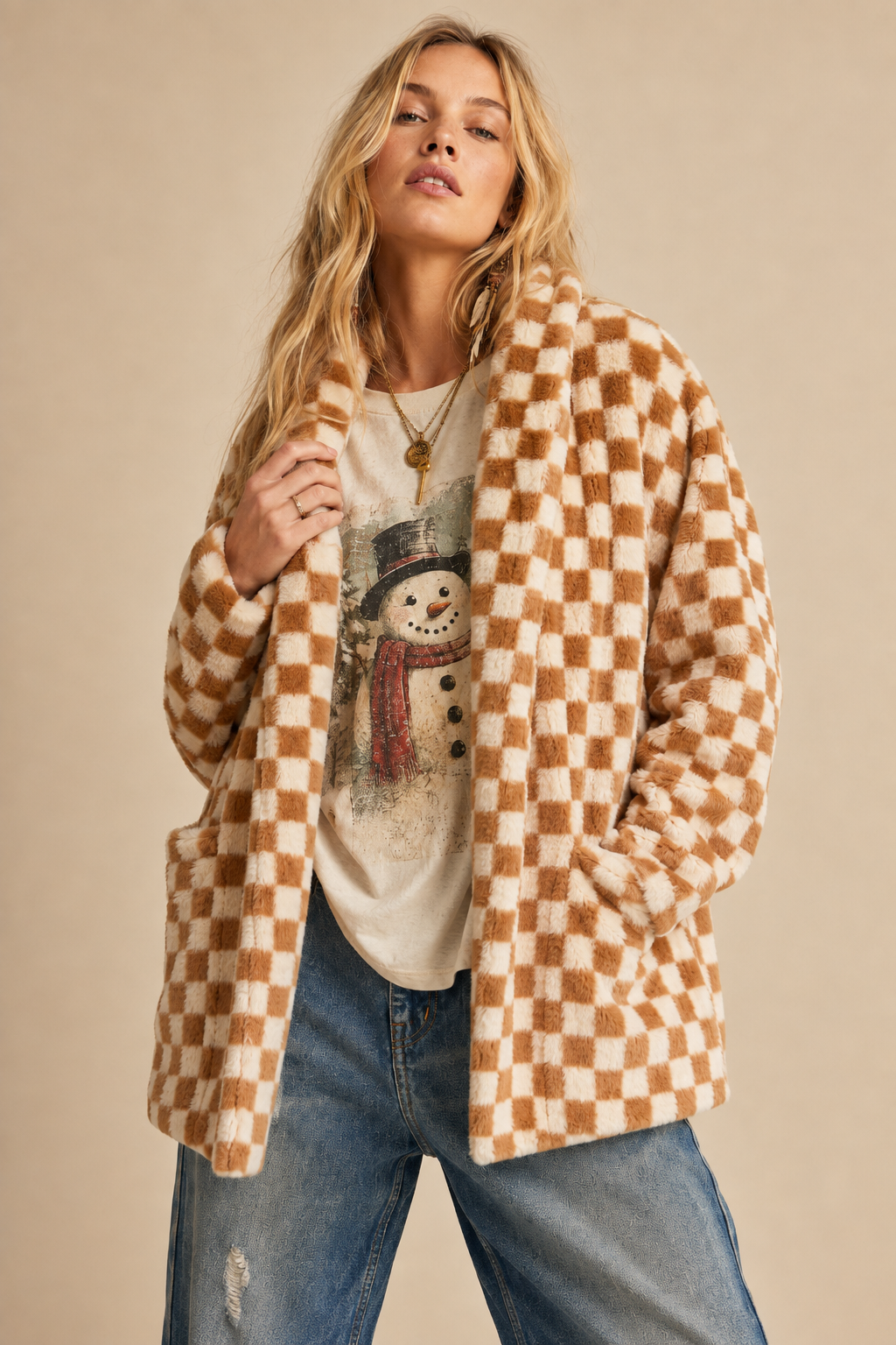 Checkmate Faux Fur Cardigan Jacket