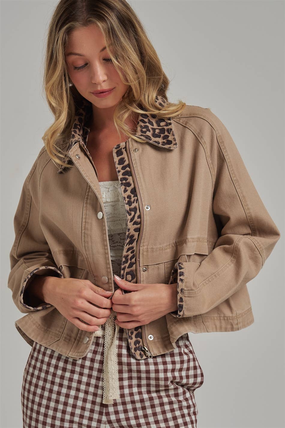 Twill Barn Coat with Leopard Detail
