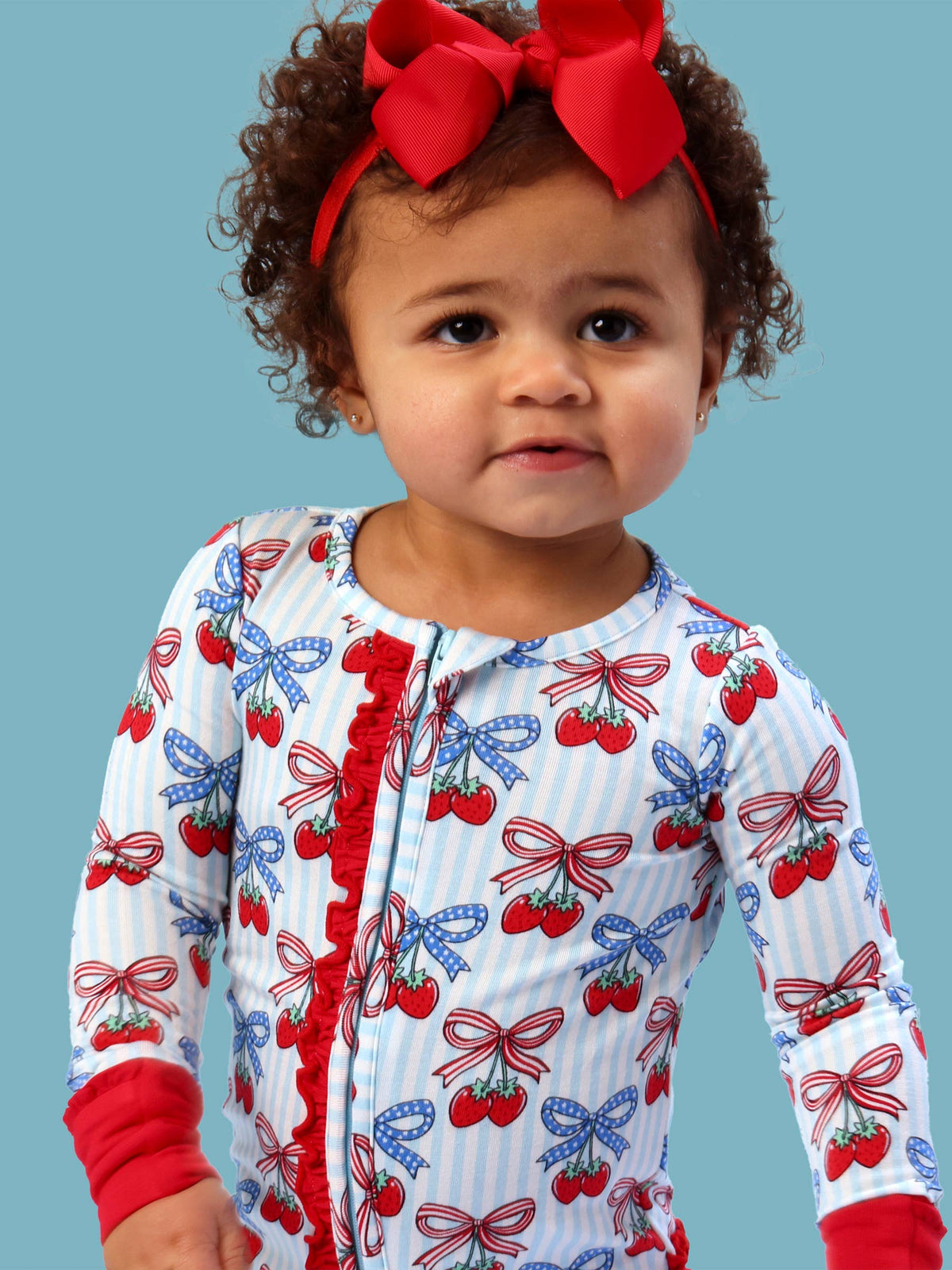 SoftSnooze™ Baby Girls Bamboo Viscose Berries & Bows Convertible Ruffle One Piece Footie Pajama